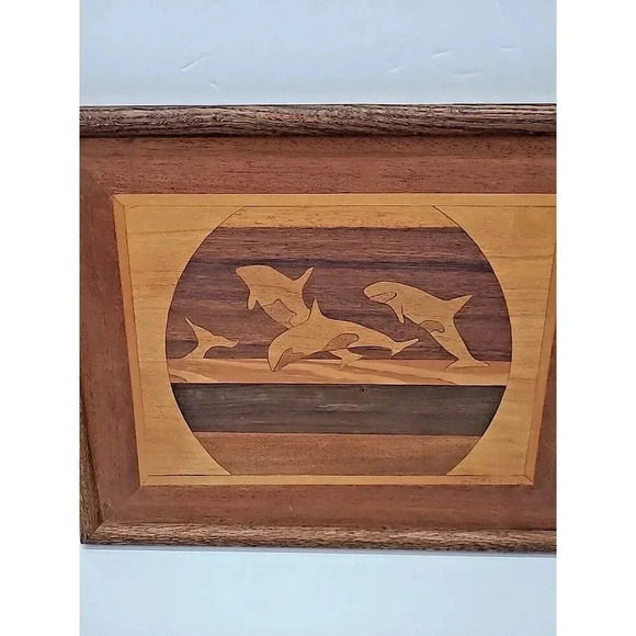 Vintage Marquetry Wood Inlay Framed Art Orca Swimming Signed 1983 - Picture 2 of 6